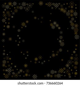 Christmas snow spray frame or border of a random scatter snowflakes isolated on black. Snow explosion. Ice storm.