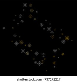 Christmas snow spray frame or border of a random scatter snowflakes isolated on black. Snow explosion. Ice storm.