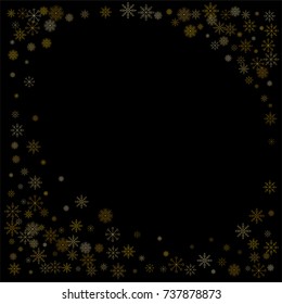 Christmas snow spray frame or border of a random scatter snowflakes isolated on black. Snow explosion. Ice storm.