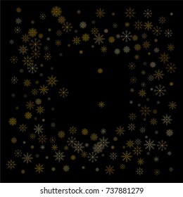 Christmas snow spray frame or border of a random scatter snowflakes isolated on black. Snow explosion. Ice storm.