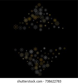 Christmas snow spray frame or border of a random scatter snowflakes isolated on black. Snow explosion. Ice storm.