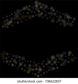 Christmas snow spray frame or border of a random scatter snowflakes isolated on black. Snow explosion. Ice storm.