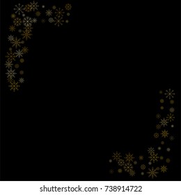 Christmas snow spray frame or border of a random scatter snowflakes isolated on black. Snow explosion. Ice storm.