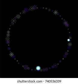 Christmas snow spray frame or border of a random scatter snowflakes isolated on black. Snow explosion. Ice storm.
