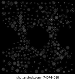 Christmas snow spray frame or border of a random scatter snowflakes isolated on black. Snow explosion. Ice storm.
