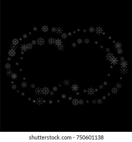 Christmas snow spray frame or border of a random scatter snowflakes isolated on black. Snow explosion. Ice storm.