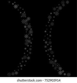 Christmas snow spray frame or border of a random scatter snowflakes isolated on black. Snow explosion. Ice storm.