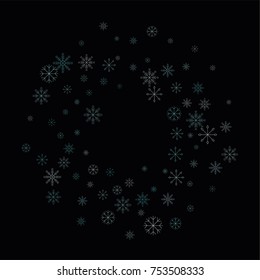 Christmas snow spray frame or border of a random scatter snowflakes isolated on black. Snow explosion. Ice storm.