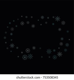 Christmas snow spray frame or border of a random scatter snowflakes isolated on black. Snow explosion. Ice storm.