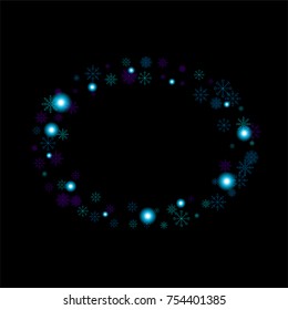 Christmas snow spray frame or border of a random scatter snowflakes isolated on black. Snow explosion. Ice storm.