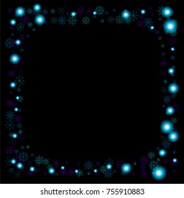 Christmas snow spray frame or border of a random scatter snowflakes isolated on black. Snow explosion. Ice storm.