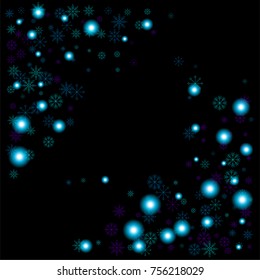 Christmas snow spray frame or border of a random scatter snowflakes isolated on black. Snow explosion. Ice storm.