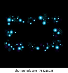 Christmas snow spray frame or border of a random scatter snowflakes isolated on black. Snow explosion. Ice storm.