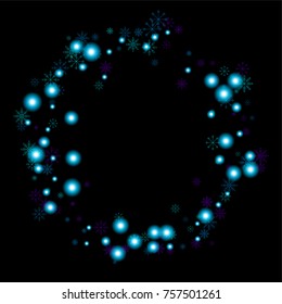 Christmas snow spray frame or border of a random scatter snowflakes isolated on black. Snow explosion. Ice storm.
