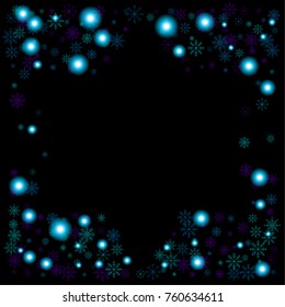 Christmas snow spray frame or border of a random scatter snowflakes isolated on black. Snow explosion. Ice storm.