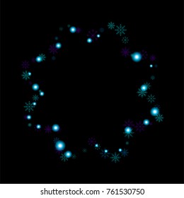 Christmas snow spray frame or border of a random scatter snowflakes isolated on black. Snow explosion. Ice storm.