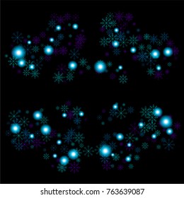 Christmas snow spray frame or border of a random scatter snowflakes isolated on black. Snow explosion. Ice storm.