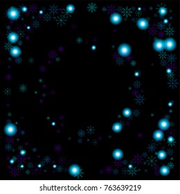 Christmas snow spray frame or border of a random scatter snowflakes isolated on black. Snow explosion. Ice storm.
