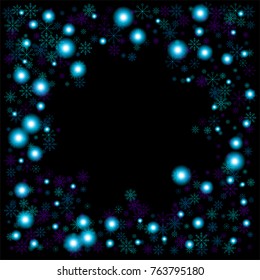 Christmas snow spray frame or border of a random scatter snowflakes isolated on black. Snow explosion. Ice storm.