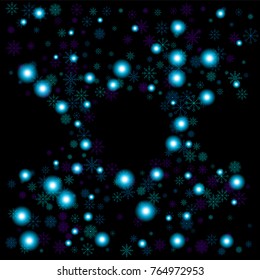 Christmas snow spray frame or border of a random scatter snowflakes isolated on black. Snow explosion. Ice storm.