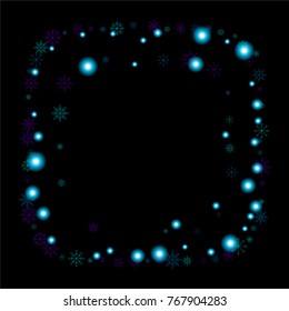 Christmas snow spray frame or border of a random scatter snowflakes isolated on black. Snow explosion. Ice storm.