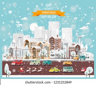 Christmas snow town with city roads, cars and cute houses. Happy New Year vector template in modern flat design.