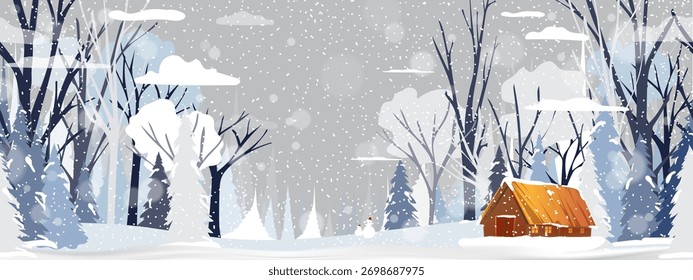 Christmas Snow Tree Scene With White Scenery Background, Vector Design Sky Nature Art, Wood Christmas Background Illustration And Winter Landscape For Holiday Banner, Greeting Card And Festive Wallpaper