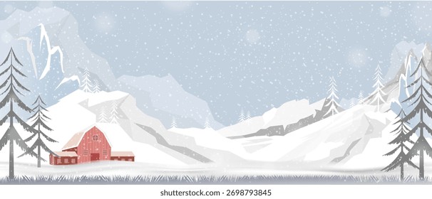 Christmas Snow Tree Scene With White Scenery Background, Vector Design Sky Nature Art, Wood Christmas Background Illustration And Winter Landscape For Holiday Banner, Greeting Card And Festive Wallpaper