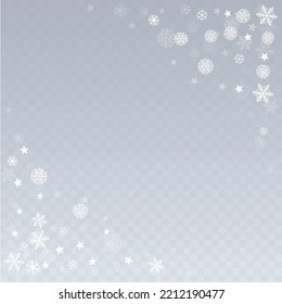 Christmas snow vector background. Falling snowflakes transparent decoration. New Year Holidays greeting card backdrop.