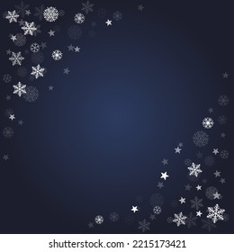 Christmas snow vector background. Falling snowflakes transparent decoration. New Year Holidays greeting card backdrop.