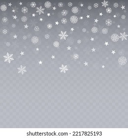 Christmas snow vector background. Falling snowflakes transparent decoration. New Year Holidays greeting card backdrop.