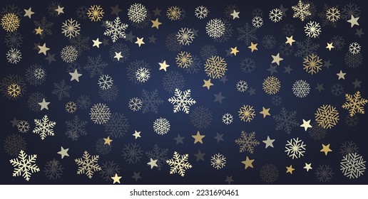 Christmas snow vector background. Falling gold snowflakes horizontal border decoration. New Year Holidays greeting card backdrop.