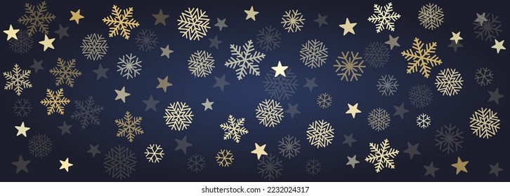 Christmas snow vector background. Falling gold snowflakes horizontal border decoration. New Year Holidays greeting card backdrop.