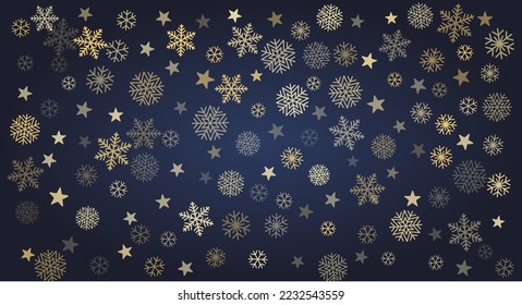Christmas snow vector background. Falling gold snowflakes horizontal border decoration. New Year Holidays greeting card backdrop.