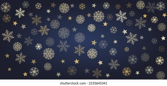 Christmas snow vector background. Falling gold snowflakes horizontal border decoration. New Year Holidays greeting card backdrop.
