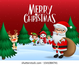 Christmas in snow vector banner background. Merrry christmas greeting text with xmas characters of santa claus, reindeer, snowman, and elf with pine tree and snow in red background. 