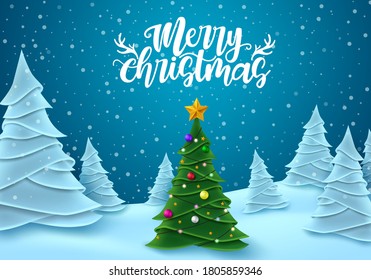 Christmas in snow vector banner design. Merry christmas greeting text with xmas tree element in snow flakes and snowy fir trees in outdoor background for holiday season. Vector illustration 