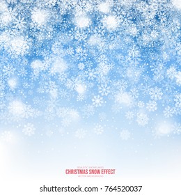Christmas Snow Vector Effect with Realistic Falling Snowflakes and Lights Overlay on Light Blue Background. Xmas Holiday Decoration. Winter 3D Illustration