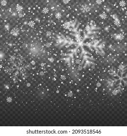 Christmas snow. Vector heavy snowfall, snowflakes in various shapes and forms. Snowy background. White snowflakes fly in the air. White snow flies on transparent background.