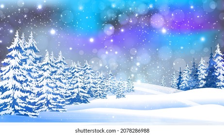 Concepto de fondo de fondo de fondo de papel de nieve de Navidad, hermosa aurora en el cielo en lo alto del bosque congelado nortlandia.