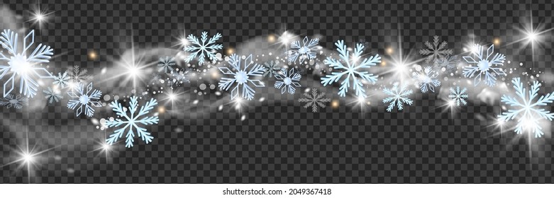 Frontera vectorial del viento de nieve navideño, marco ventilado blanco de invierno, nube estrella de copos de nieve de vacaciones. X-mas giratoria congelada sobre fondo transparente, decoración brillante de Año Nuevo, ola de plata. Clima de viento de nieve