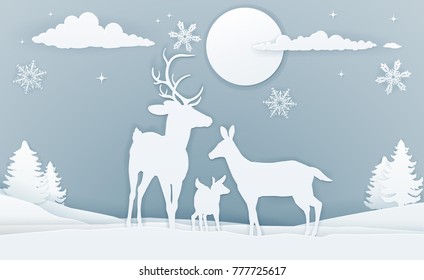 Christmas snow winter scene background with a family of deer in silhouette in a vintage paper art style