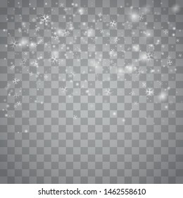 Christmas snow. Winter snowstorm backdrop illustration. Falling snowflakes Snowflake transparent decoration effect. Xmas snow flake pattern. 