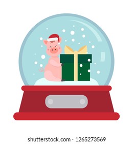 Christmas snowball with cartoon character pig.
Symbol for the Chinese new year 2019. Vector illustration for design of posters,postcard,poster,banner,invitation, web site.