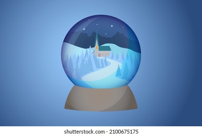 Christmas snowball globe. Alpine view. Lonely church in snowy forest. Merry Christmas. Happy new year.