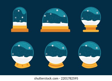 Christmas Snowball Globes Collection. Set Of Glass Snow Globe, Christmas Souvenir Isolated On Blue Background. Winter Snowball, Magic Xmas Crystal Orbs