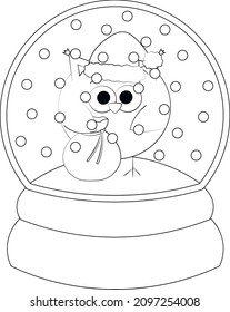 Christmas snowball with Owl Santa. Draw illustration in black and white