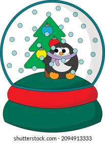 Christmas snowball with Penguin and Christmas tree. Draw illustration in color