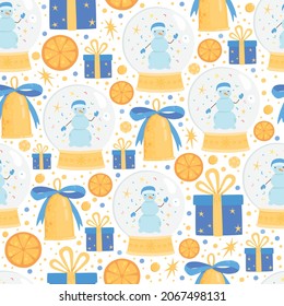 Bola de nieve de Navidad con un patrón sin costuras de muñecos de nieve. Ilustración vectorial para su diseño de vacaciones. Decoración de navidad de árbol de flores con campana dorada, caja de regalo y fruta naranja.