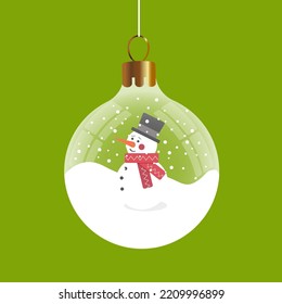 Christmas snowball with a snowman. Transparent glass ball. Vector illustration, graphic design. 